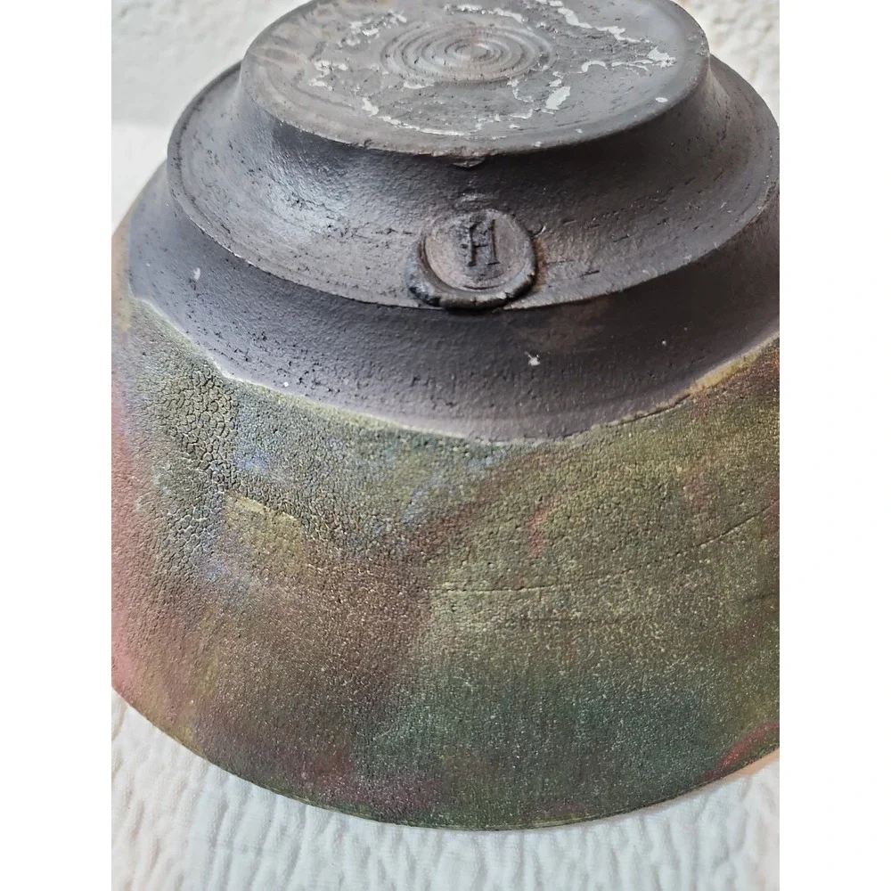 Large Raku Fired Centerpiece Bowl. Copper and Green Hues. Makers Mark. 9